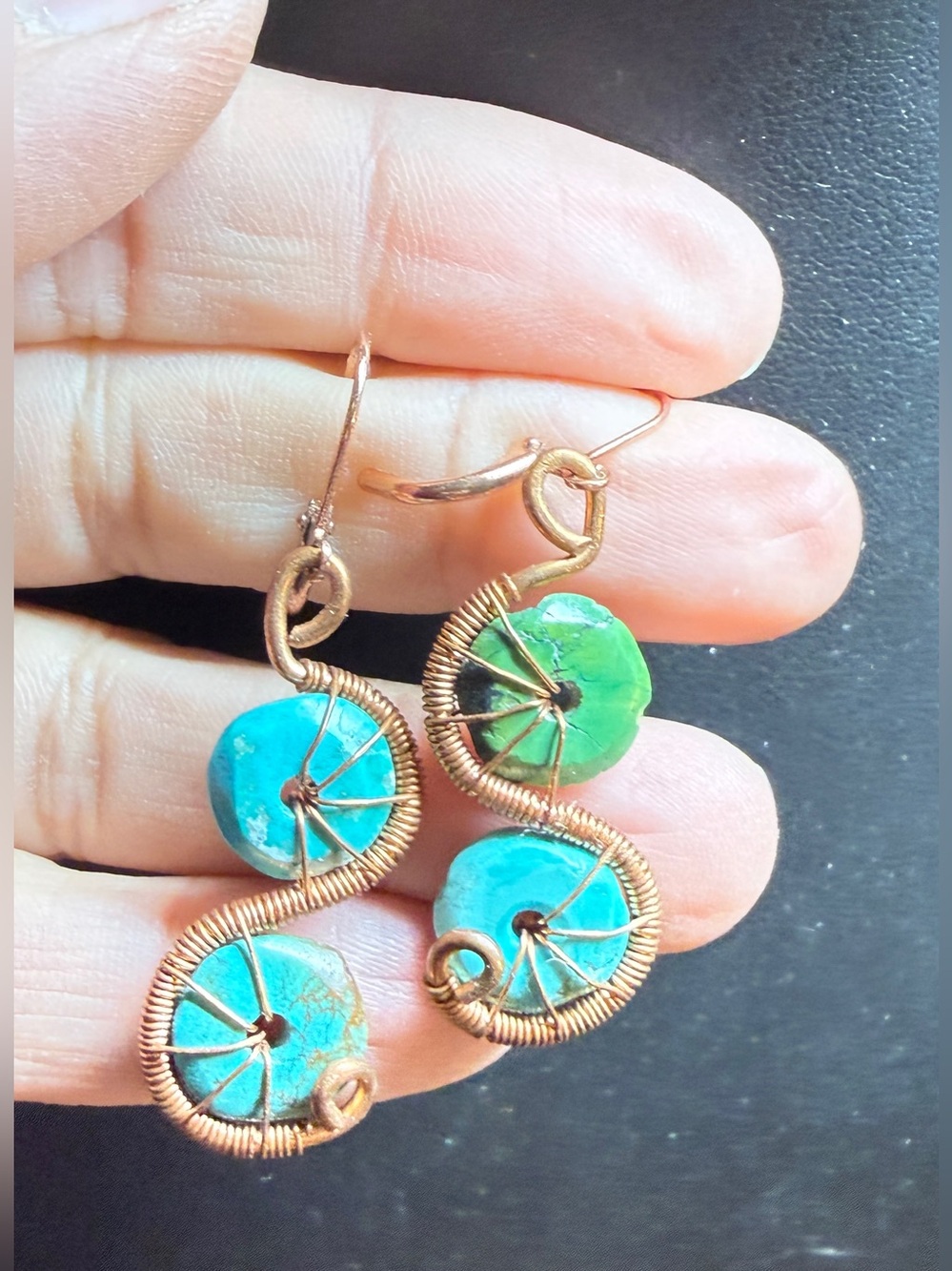 Artisan Made Turquoise Double-Disc Wire-Wrapped Drop Earrings - Picture 5 of 5